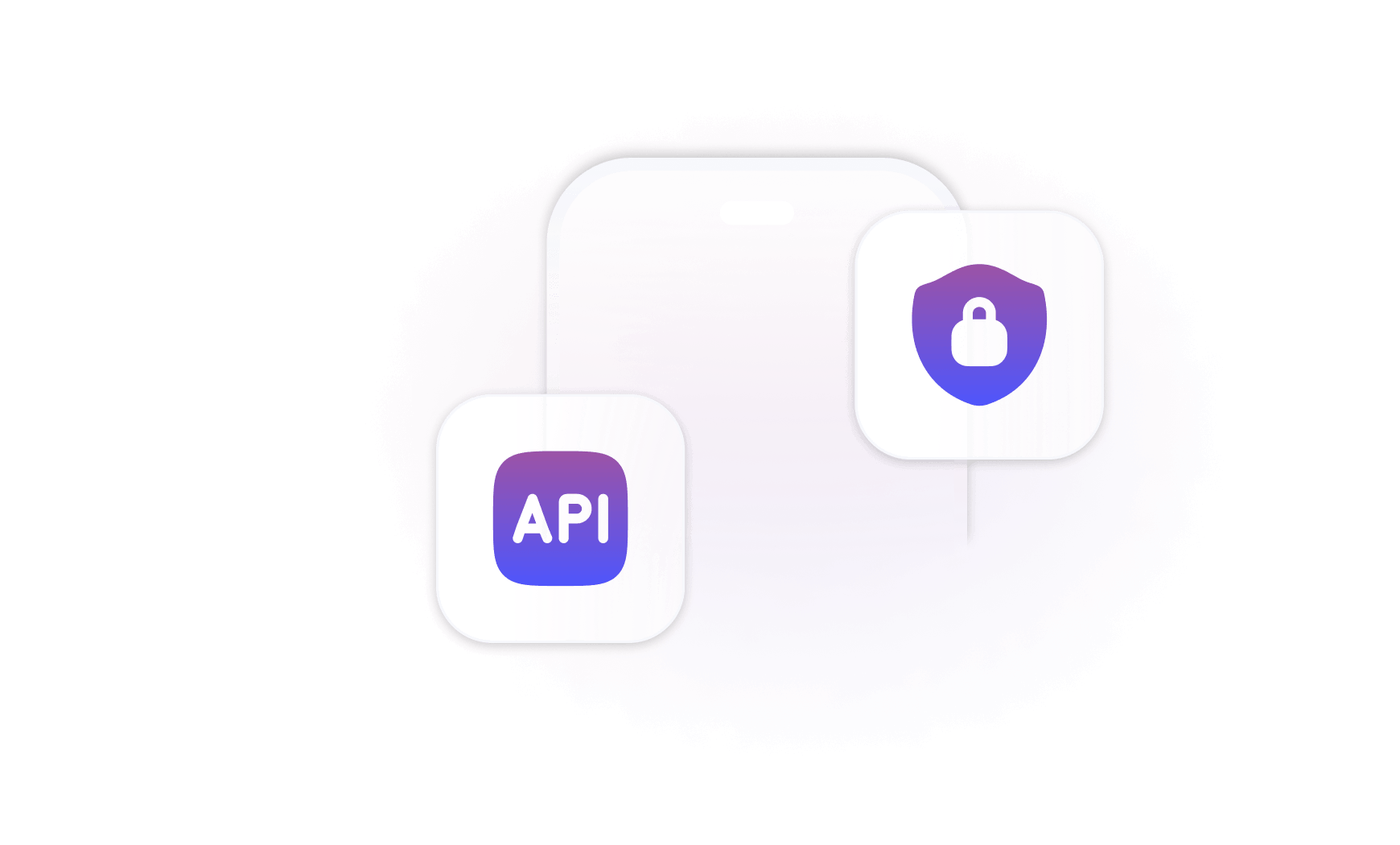 Smartphone displaying security icons, including an 'API' icon and a lock symbol, indicating secure integration and protection